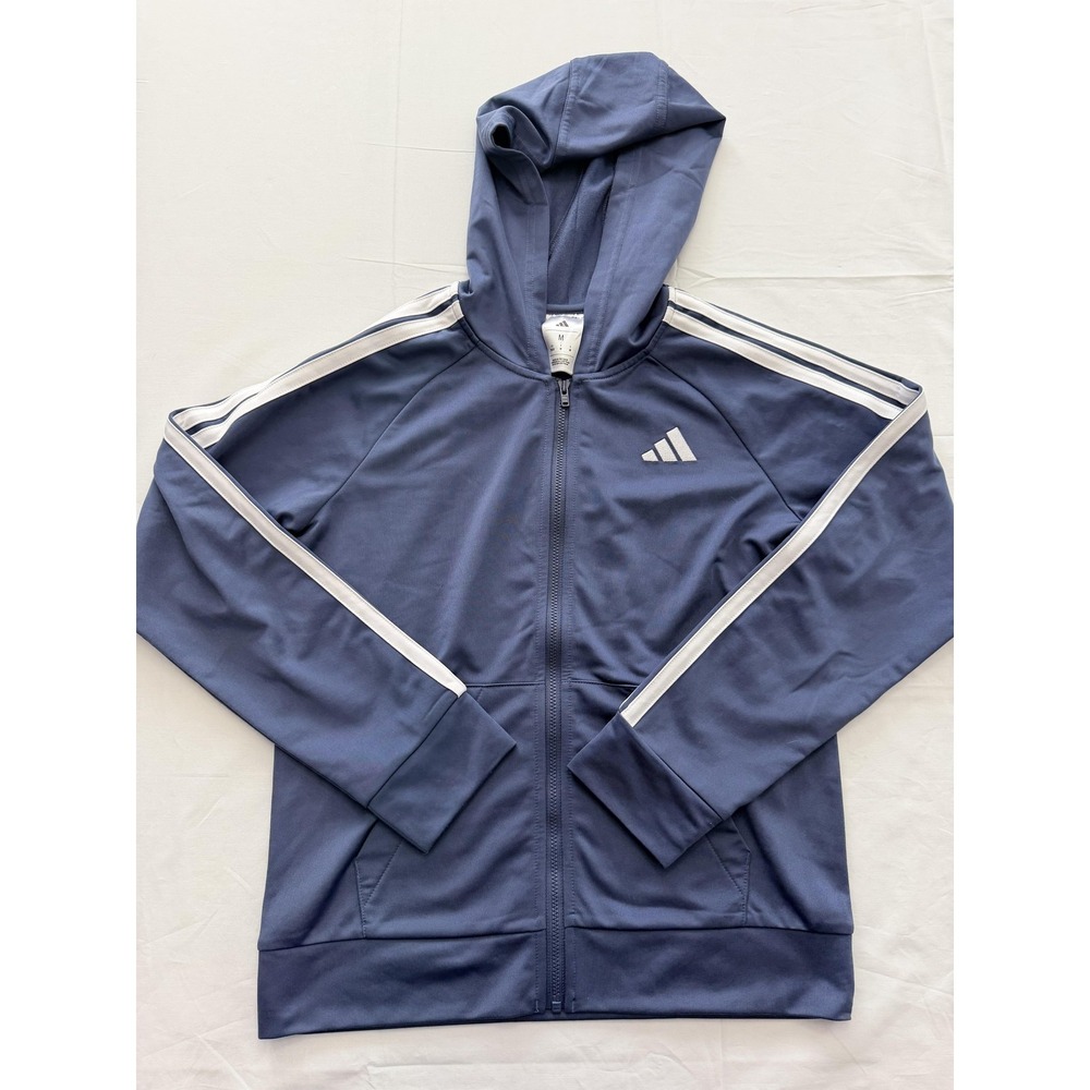 Adidas Track Jacket Kids 10-12 Blue Hooded Full Zip 3-Stripes Athletic Training